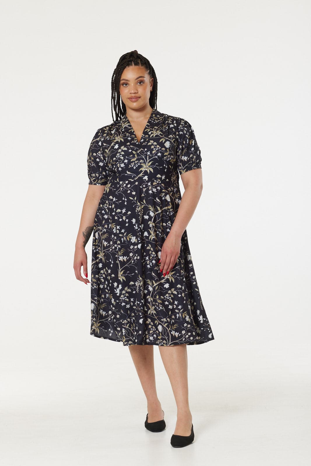 Tia Printed Midi A Line Tea Dress Timeless London