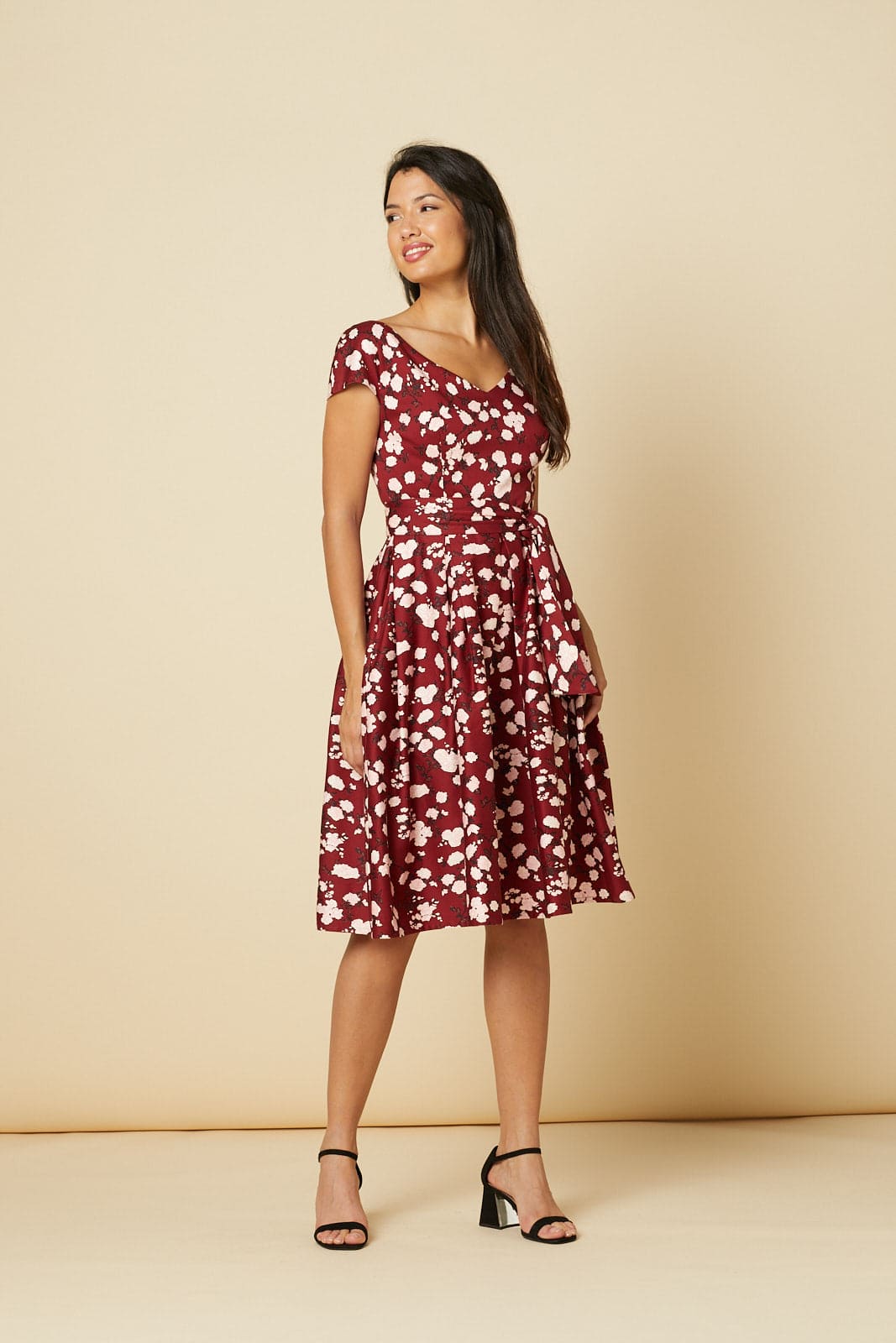 Kav V Neck, Midi Floral Fit and Flare Dress in Cotton Sateen