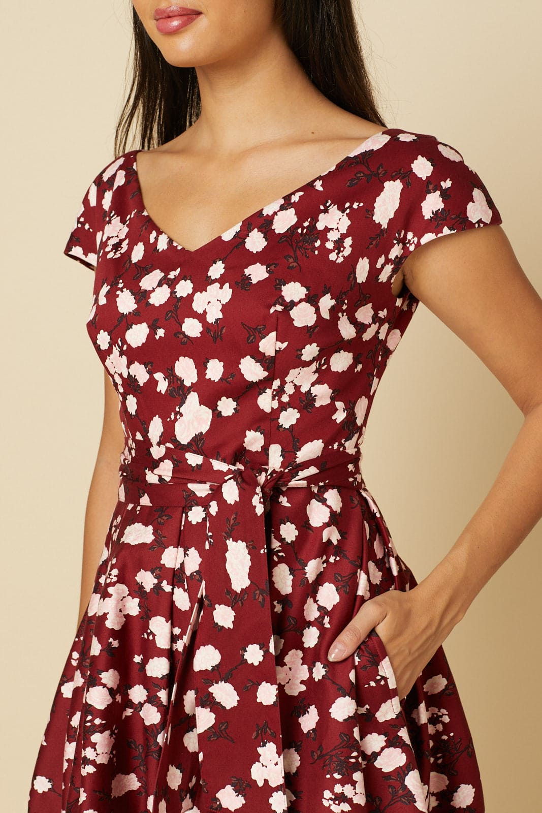 Kav V Neck, Midi Floral Fit and Flare Dress in Cotton Sateen