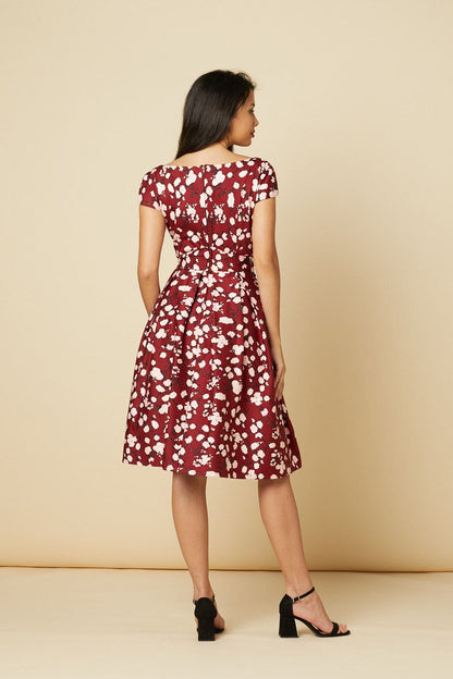 Kav V Neck, Midi Floral Fit and Flare Dress in Cotton Sateen