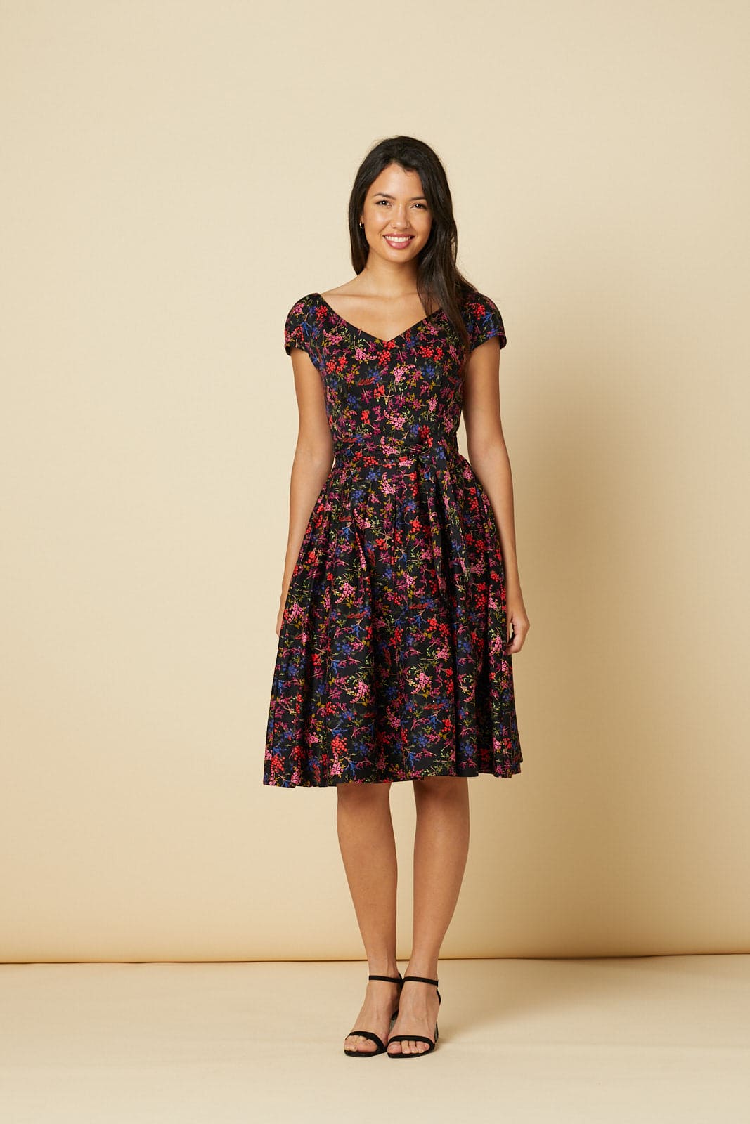 Nova V Neck Fit&amp;Flare Dark Floral Midi Dress