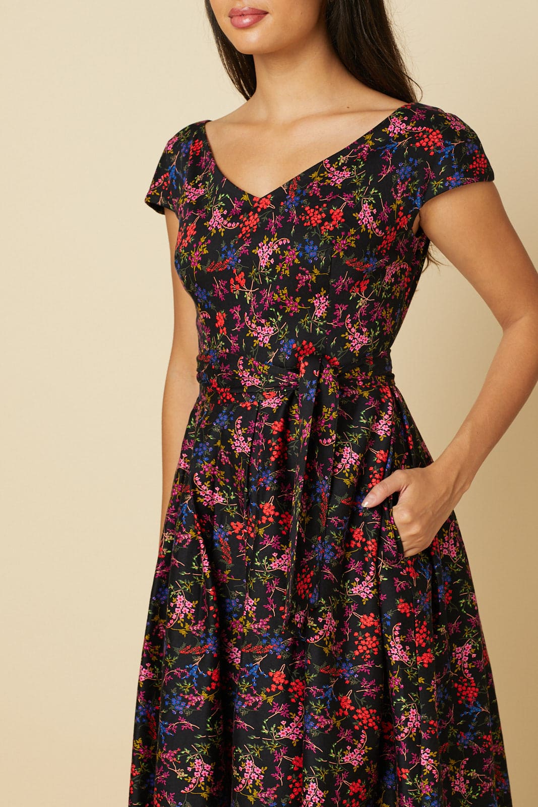 Nova V Neck Fit&amp;Flare Dark Floral Midi Dress