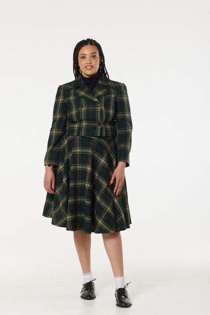 Sophie Green Woollen Check Tartan Midi Swing Skirt