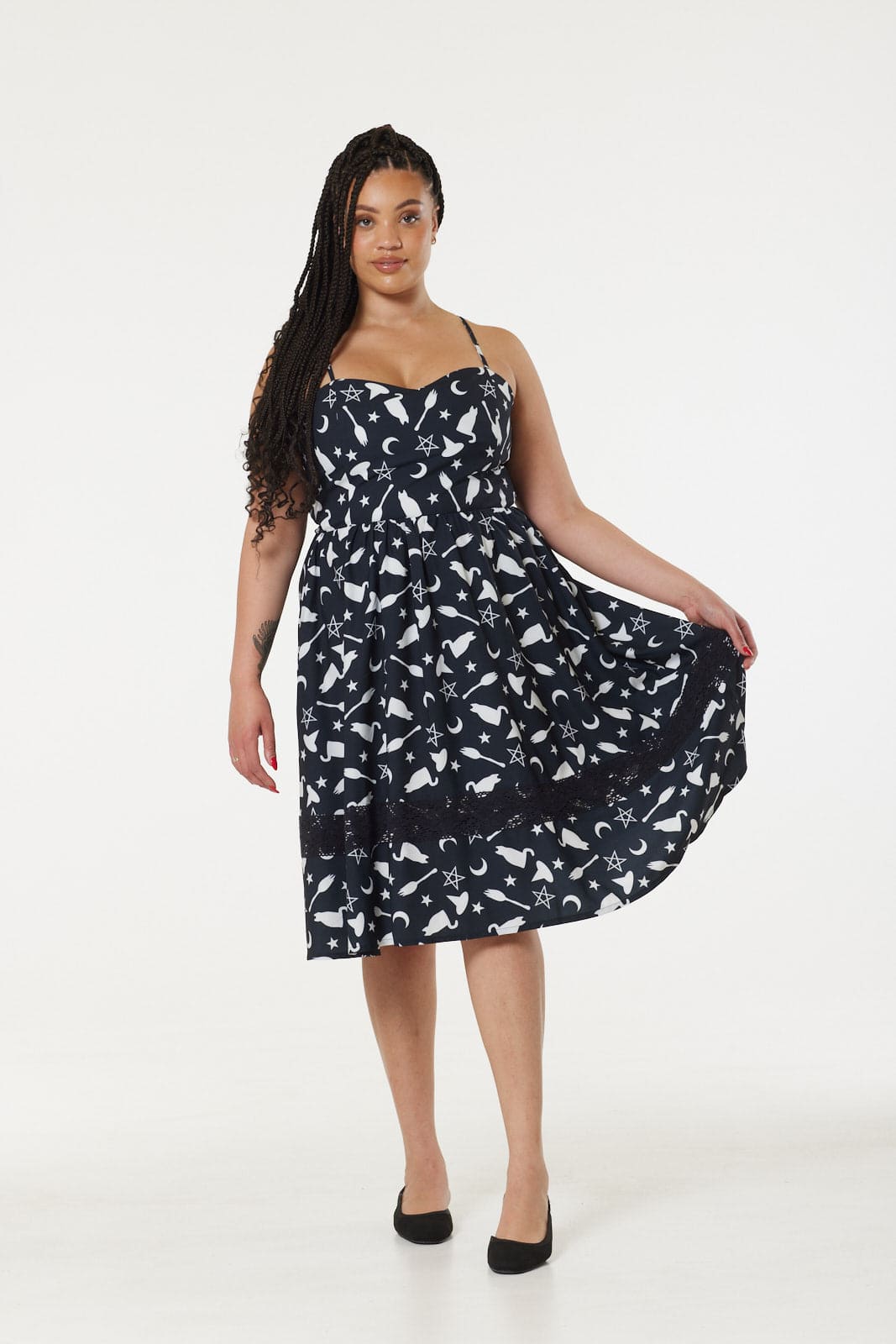 Midi Fit&amp;amp;Flare Hexen-Print-Kleid mit Spitzensaum