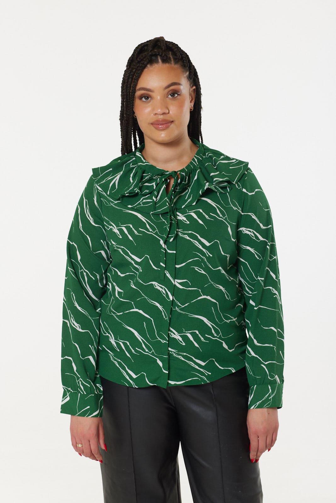 Ruffle Collar Green Print Shirt with Tie Detail