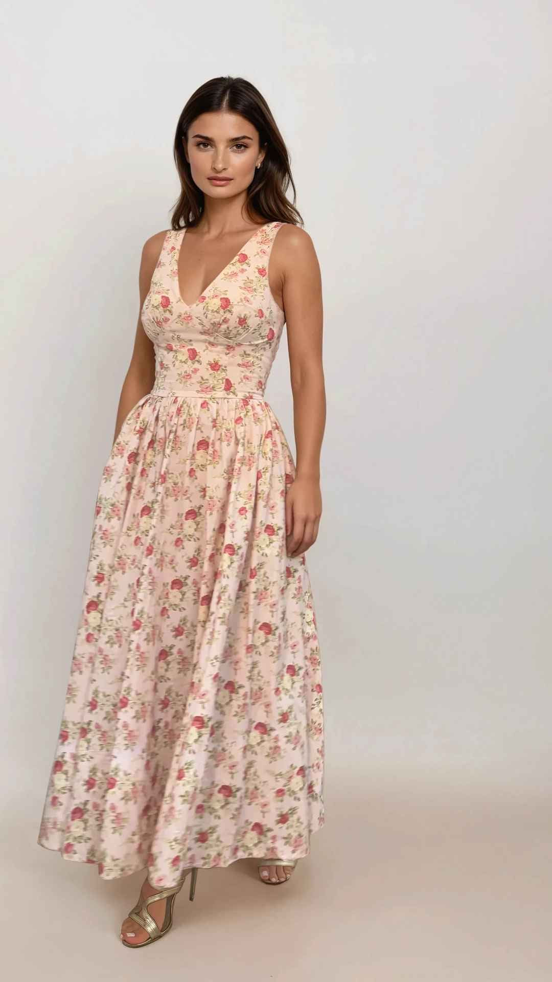 PRE ORDER: Lysandra vintage floral pink and red V Neck Midi Dress