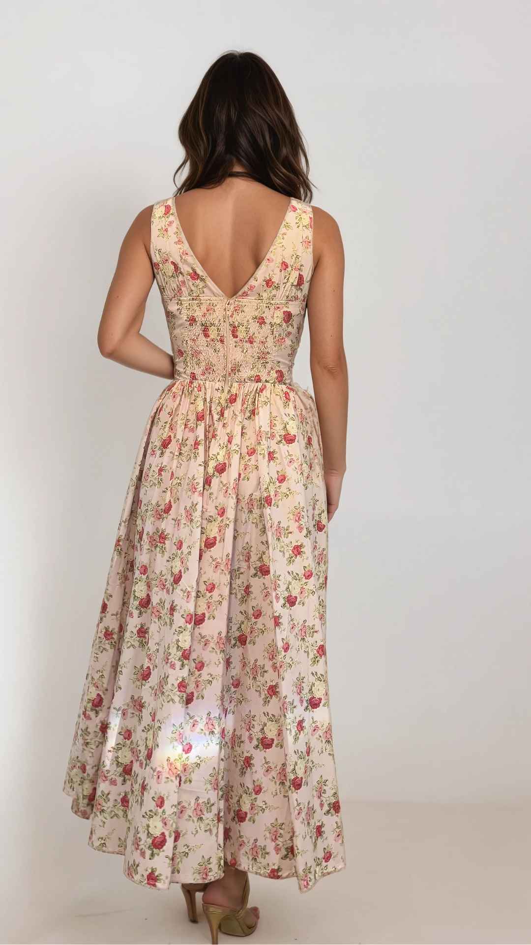 PRE ORDER: Lysandra vintage floral pink and red V Neck Midi Dress