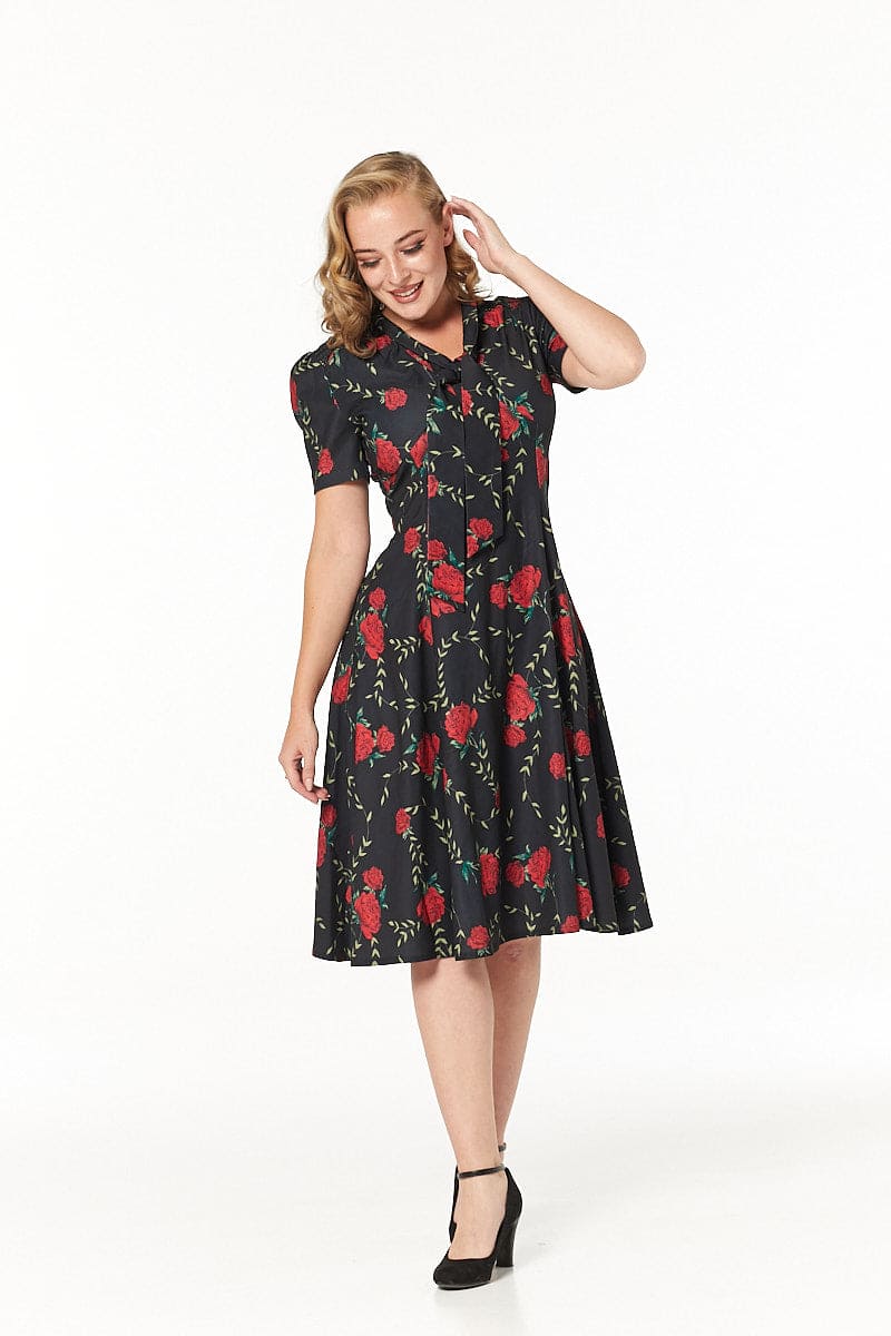 Amara Floral Tea Midi Dress with Self Fabric Neck Tie