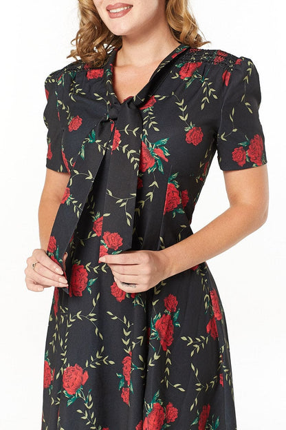 Amara Floral Tea Midi Dress with Self Fabric Neck Tie