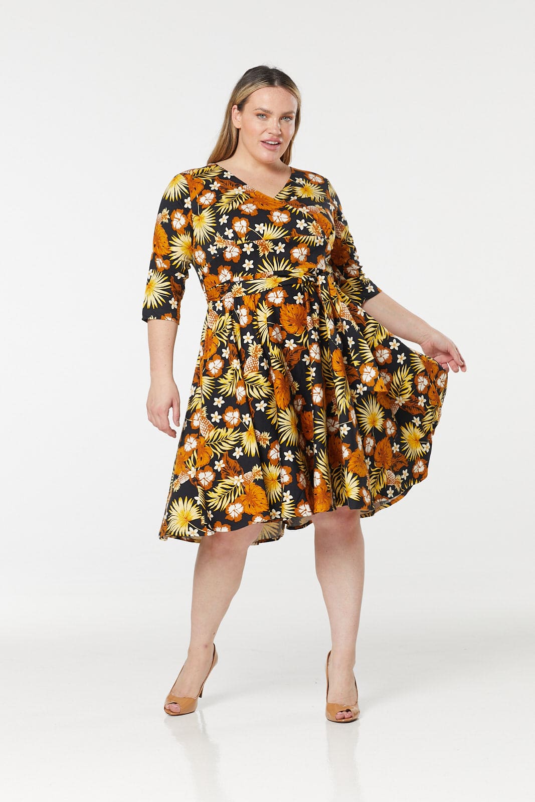 Barbara Wrap Swing, Fit and flare Midi Floral Dress