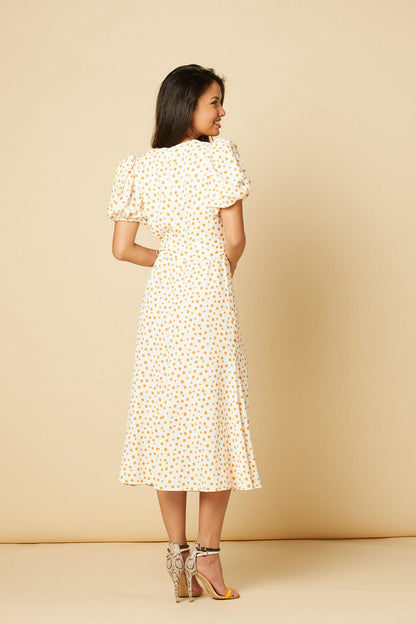 Catherine White Dress in Orange Polka Dot Midi Tea Dress