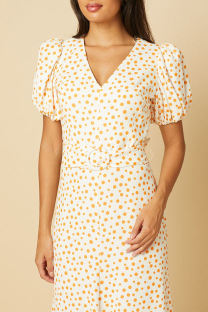 Catherine White Dress in Orange Polka Dot Midi Tea Dress