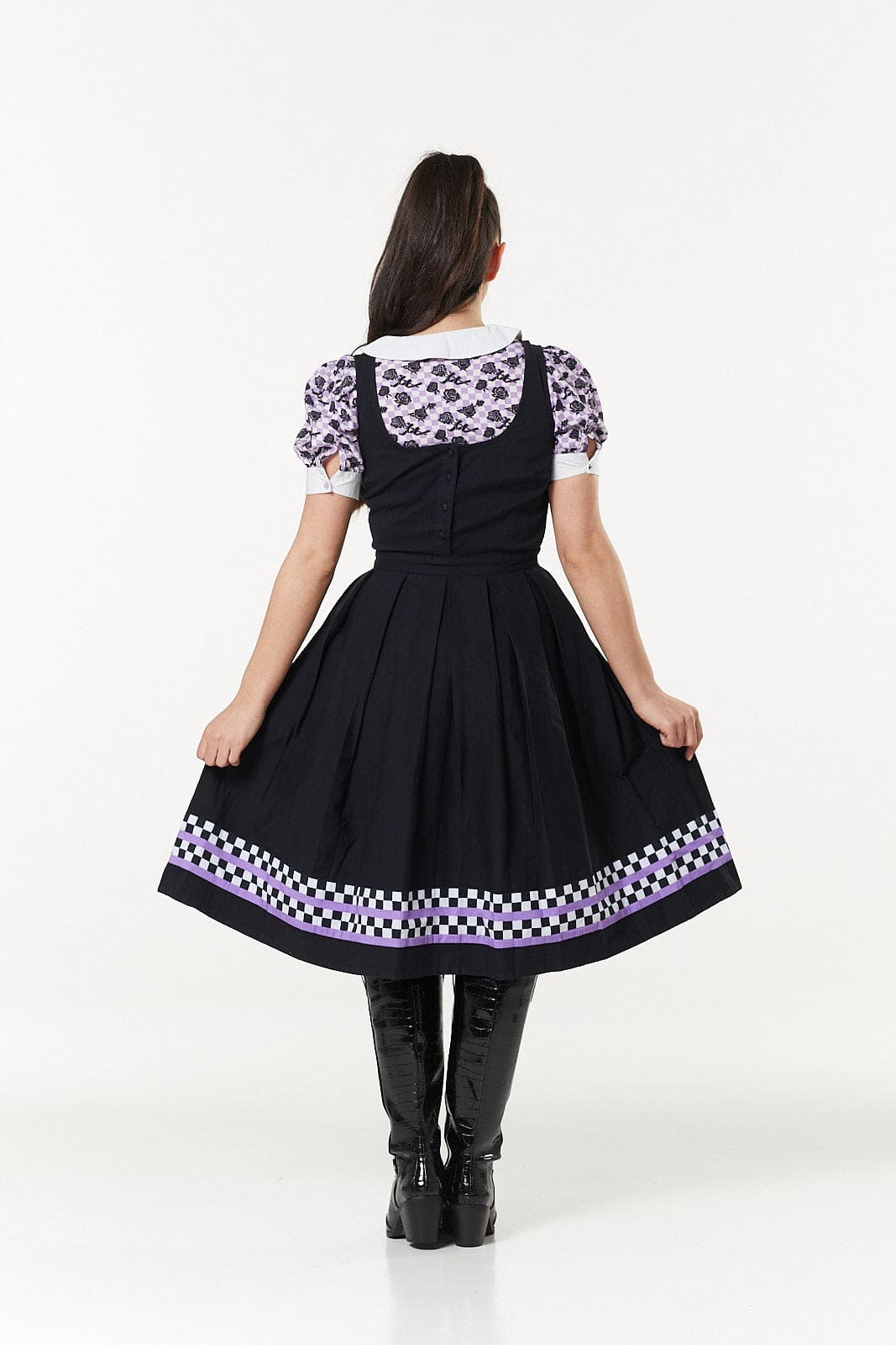 Checker Pinafore Dress In Purple White Timeless London