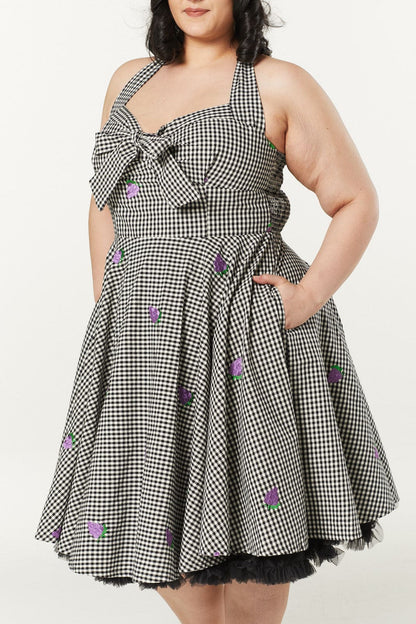 Danica Gingham Swing Halter Neck Swing Dress with Embroid