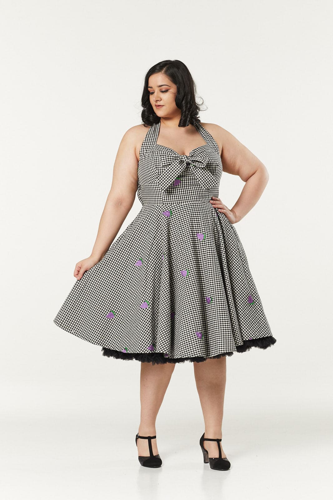 Danica Gingham Swing Halter Neck Swing Dress with Embroid