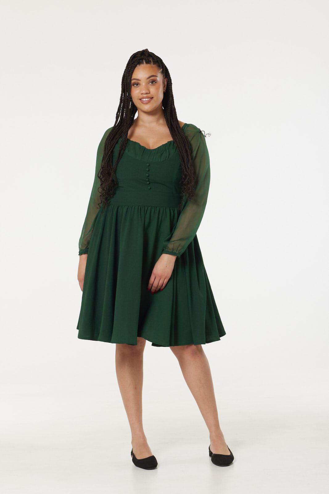 Dior Green Midi Swing Dress Sweetheart Neck with Chif sleeve