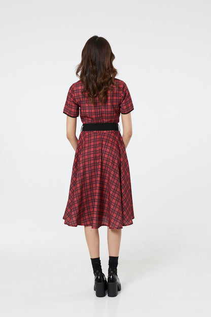 Dolly Midi Red and Black Check Swing Dress wt short Sleeves