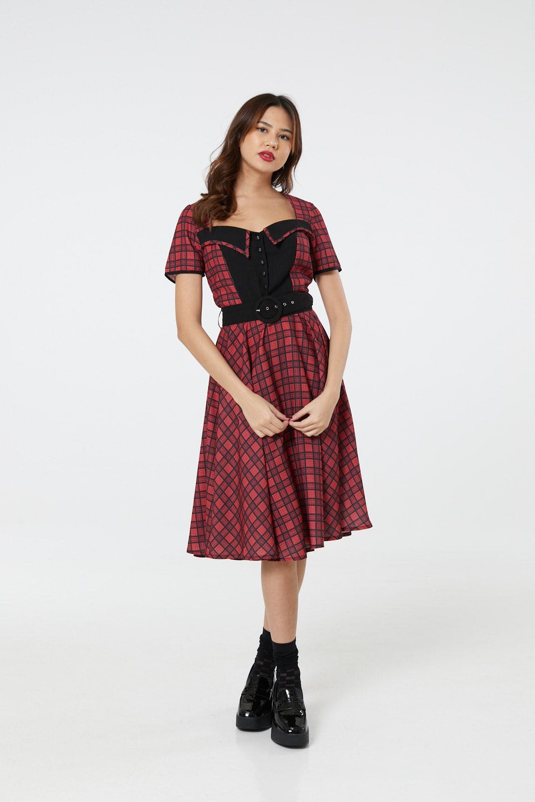 Dolly Midi Red and Black Check Swing Dress wt short Sleeves