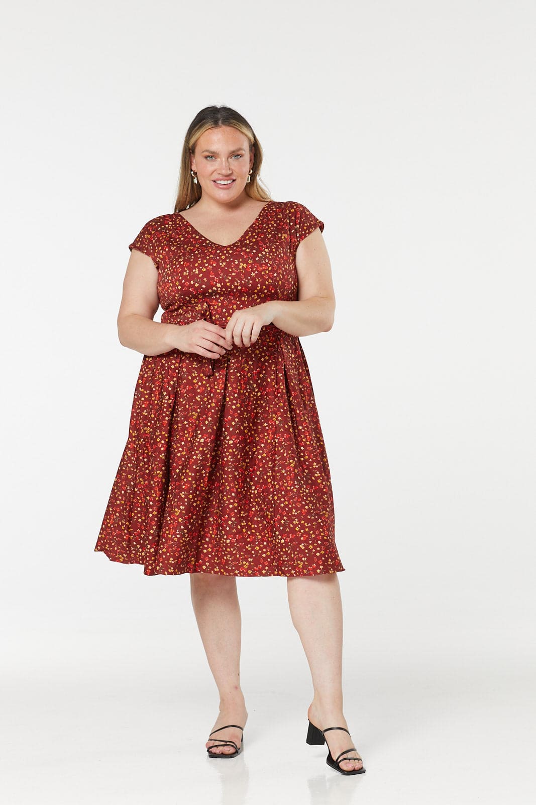 Esh V Neck, Midi Floral Fit&amp;Flare Dress in Cotton Sateen