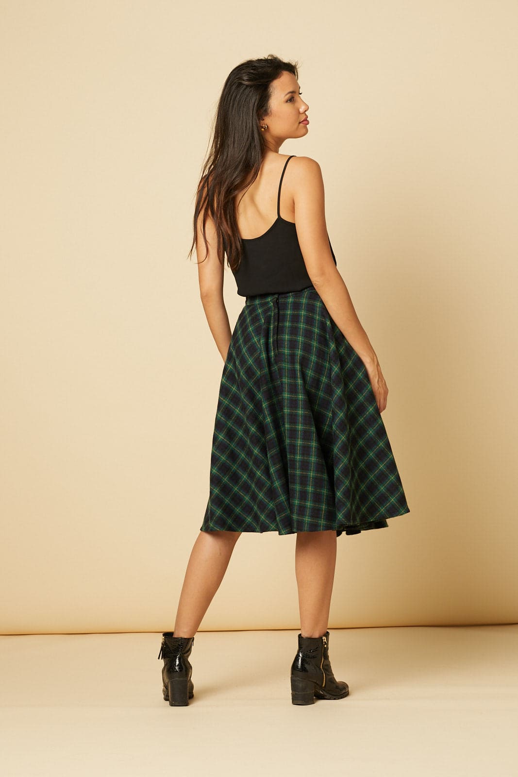 Sophie Forest Green Woollen Check Tartan Midi Swing Skirt