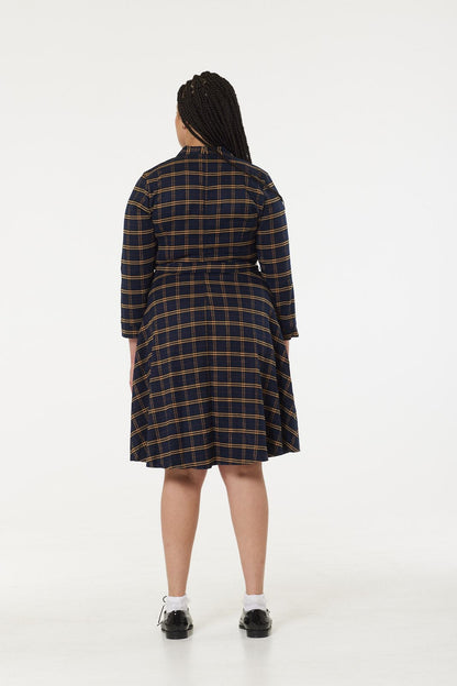 Helena Navy Check Dress in Navy and Yellow Check