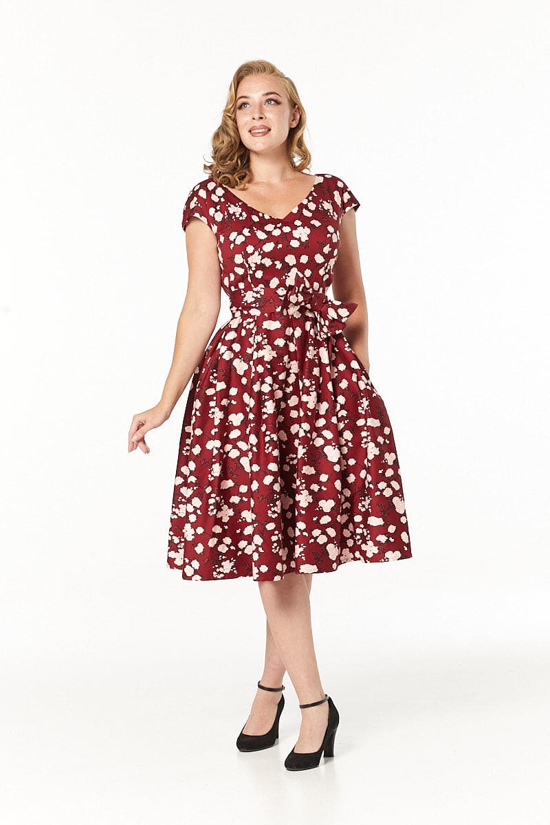 Kav V Neck, Midi Floral Fit and Flare Dress in Cotton Sateen