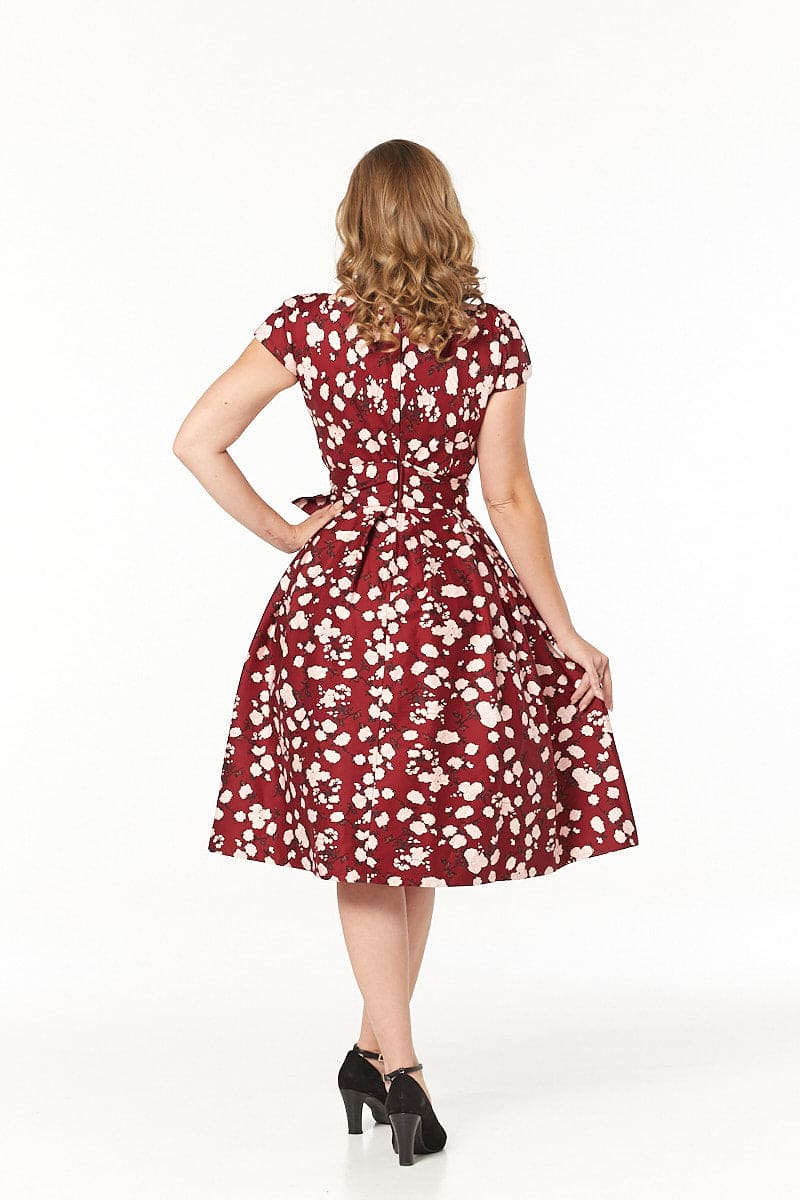 Kav V Neck, Midi Floral Fit and Flare Dress in Cotton Sateen