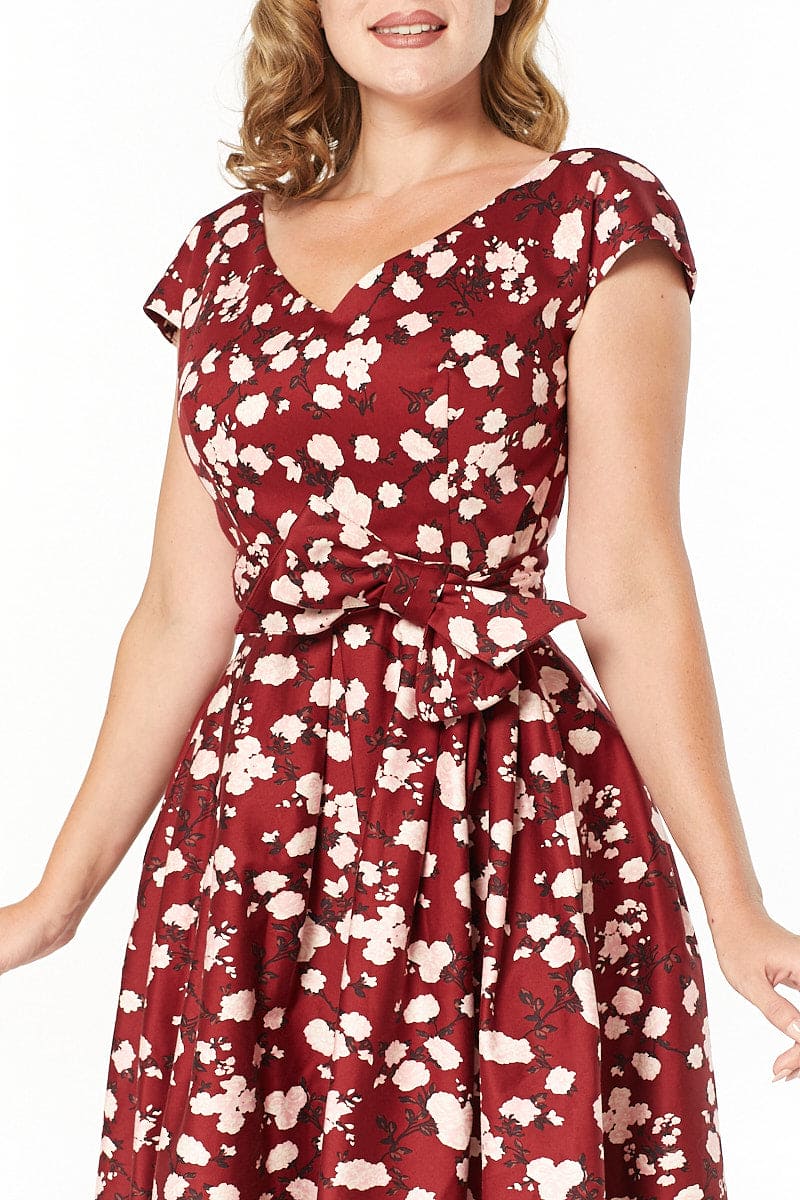 Kav V Neck, Midi Floral Fit and Flare Dress in Cotton Sateen