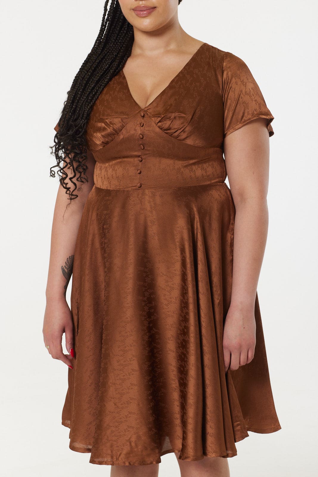 Kaylee Fit and Flare, Midi Swing Brown Dress in Jacquard