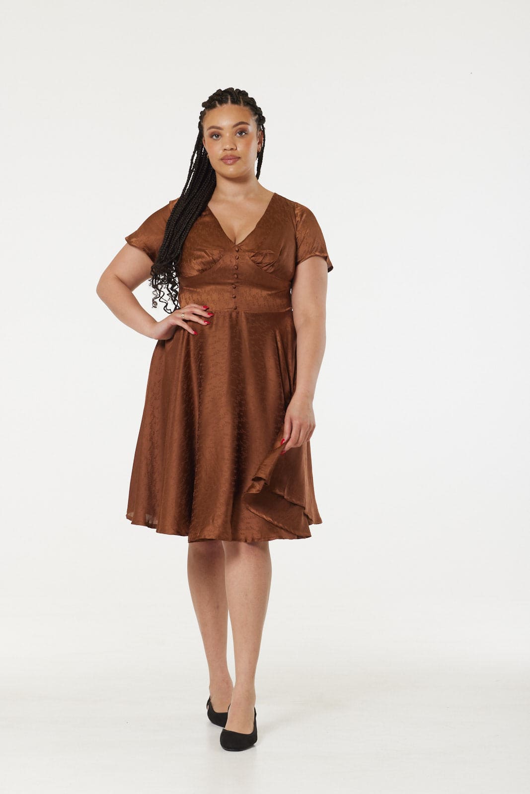 Kaylee Fit and Flare, Midi-Swing-Kleid aus braunem Jacquard