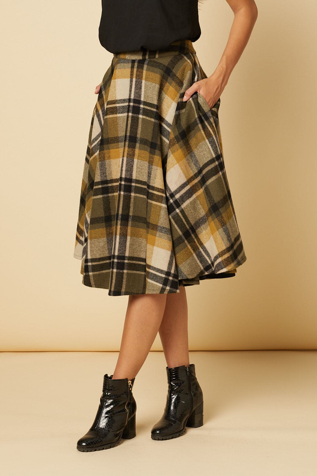 Sophie Khaki Woollen Check Tartan Midi Swing Skirt