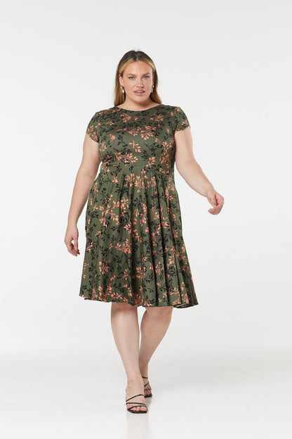 Leila Fit and Flare Green Print Swing Dress in Cotton Sateen