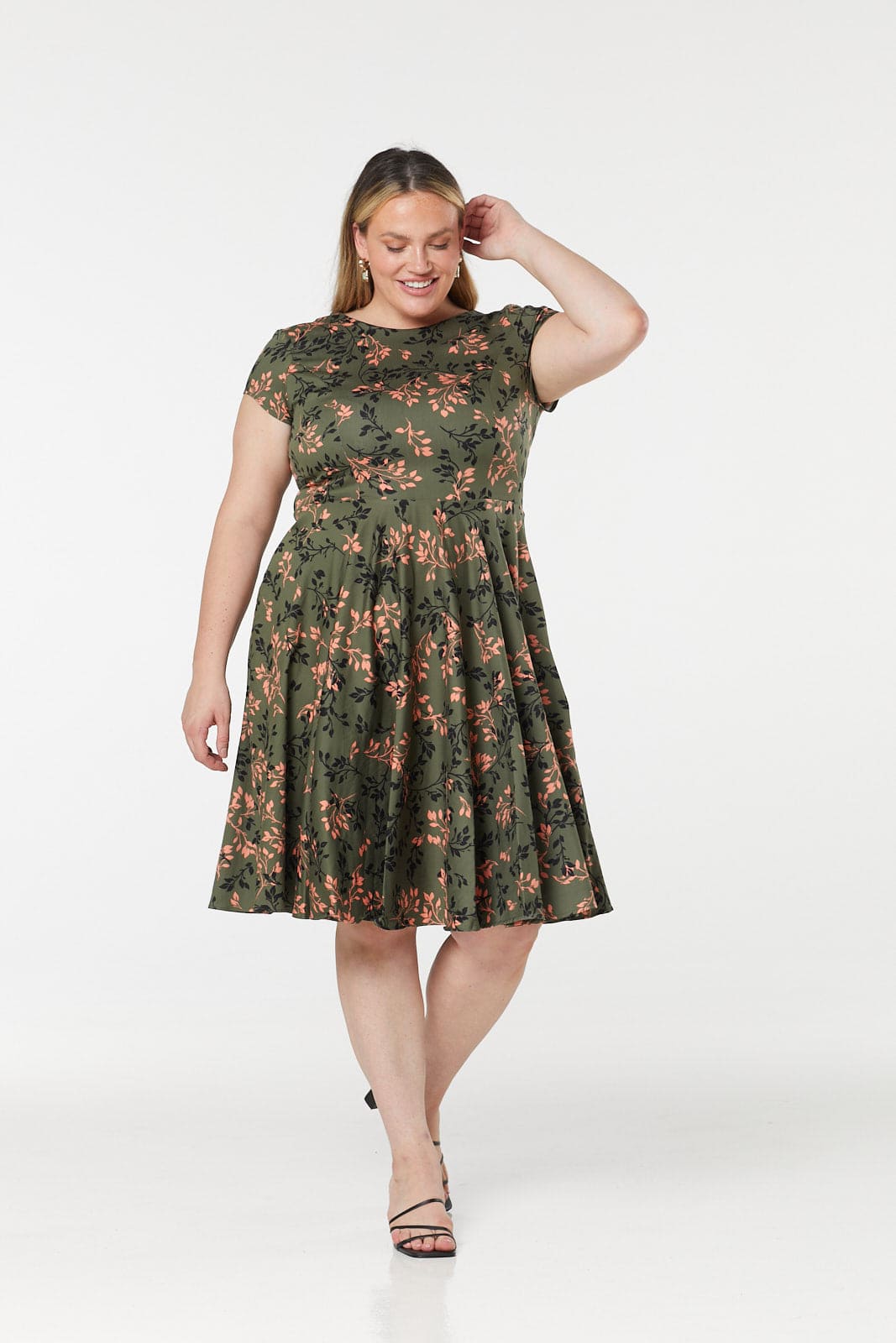 Leila Fit and Flare Green Print Swing Dress in Cotton Sateen