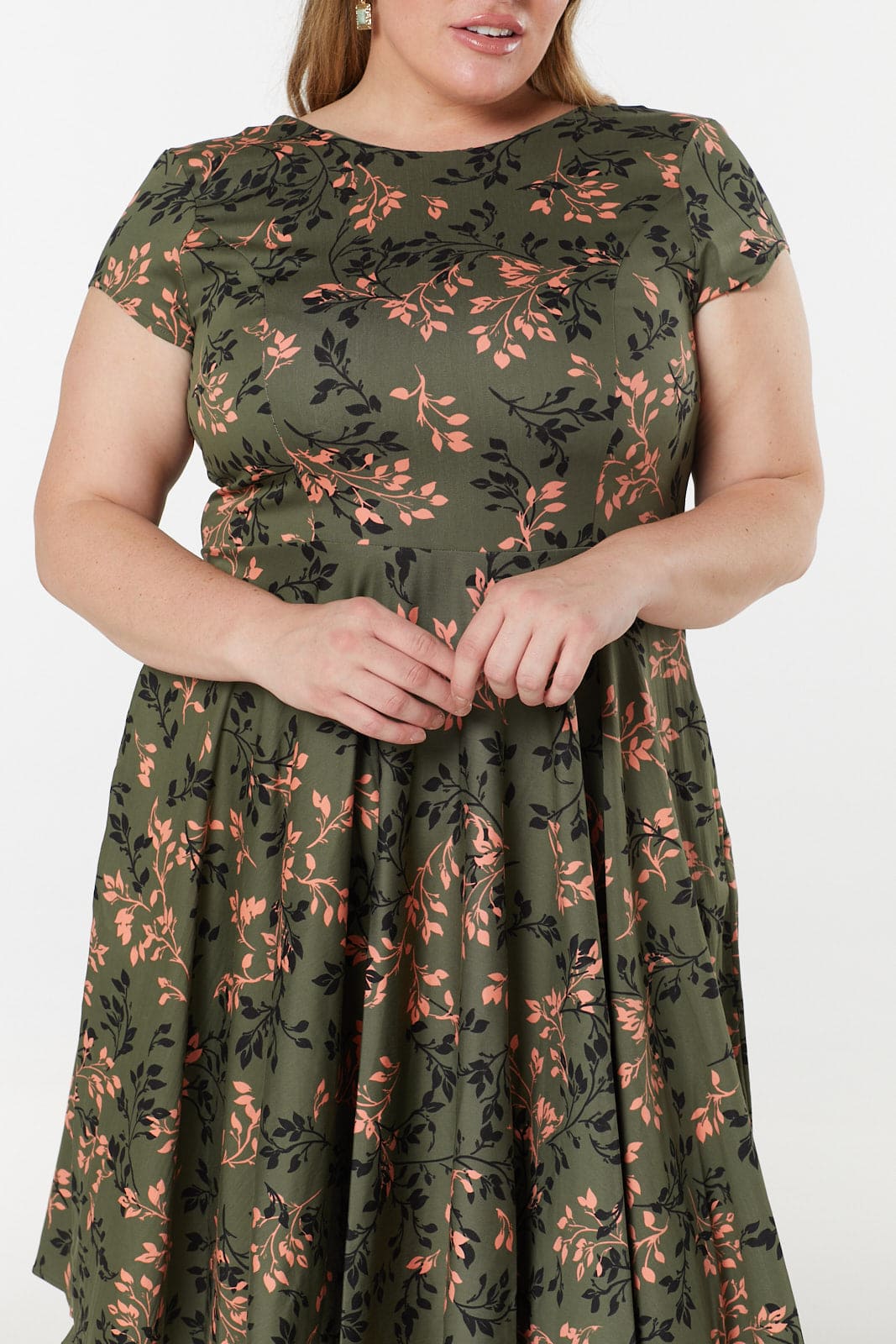 Leila Fit and Flare Green Print Swing Dress in Cotton Sateen