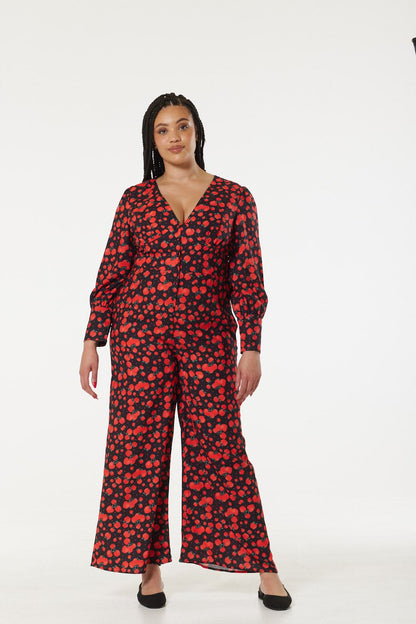 Marina V-Ausschnitt Langarm Apfel Jumpsuit mit weitem Bein