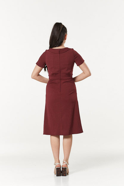 Mavis Midi Burgandy Dress with Peter Pan Collars