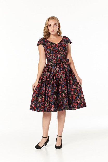 Nova V Neck Fit&amp;Flare Dark Floral Midi Dress