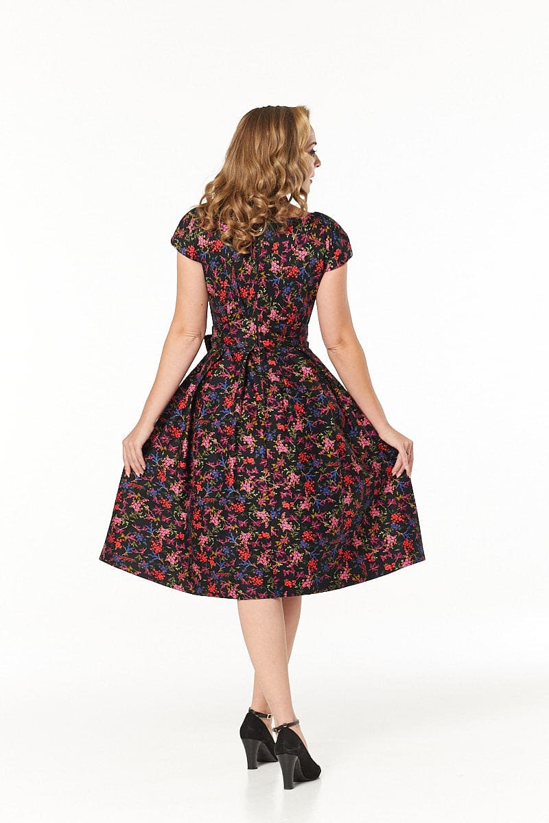 Nova V Neck Fit&amp;Flare Dark Floral Midi Dress