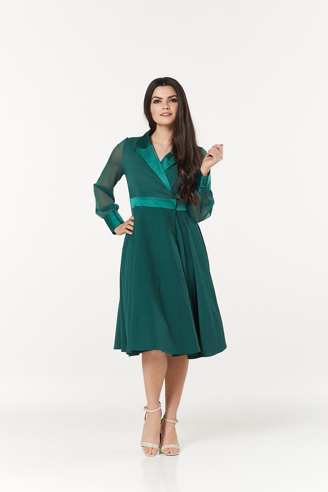 Polly Midi A-Linie Lange Chiffonärmel Grünes Kleid