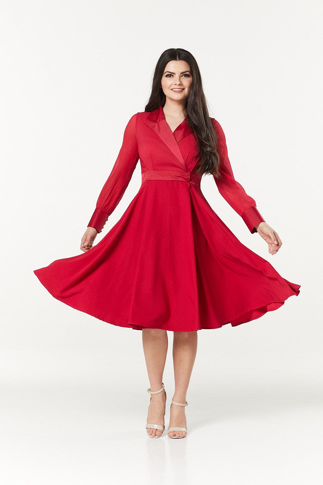 Polly Midi A-Linie Lange Chiffonärmel Rotes Kleid