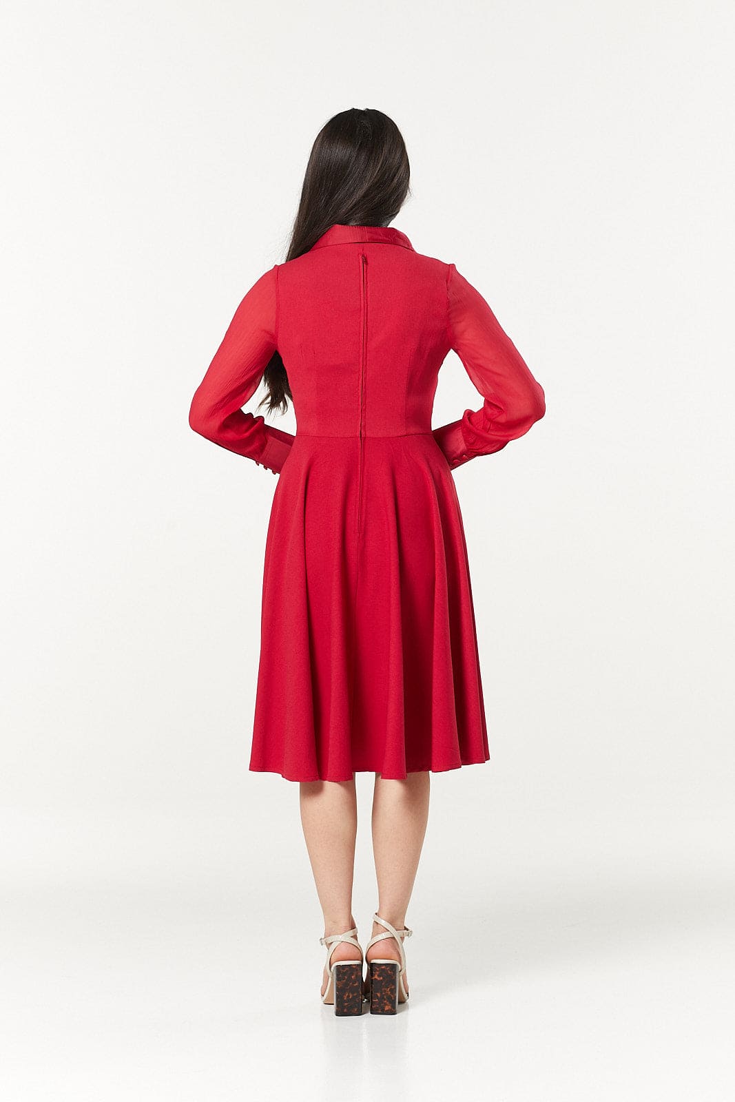 Polly Midi A-Linie Lange Chiffonärmel Rotes Kleid