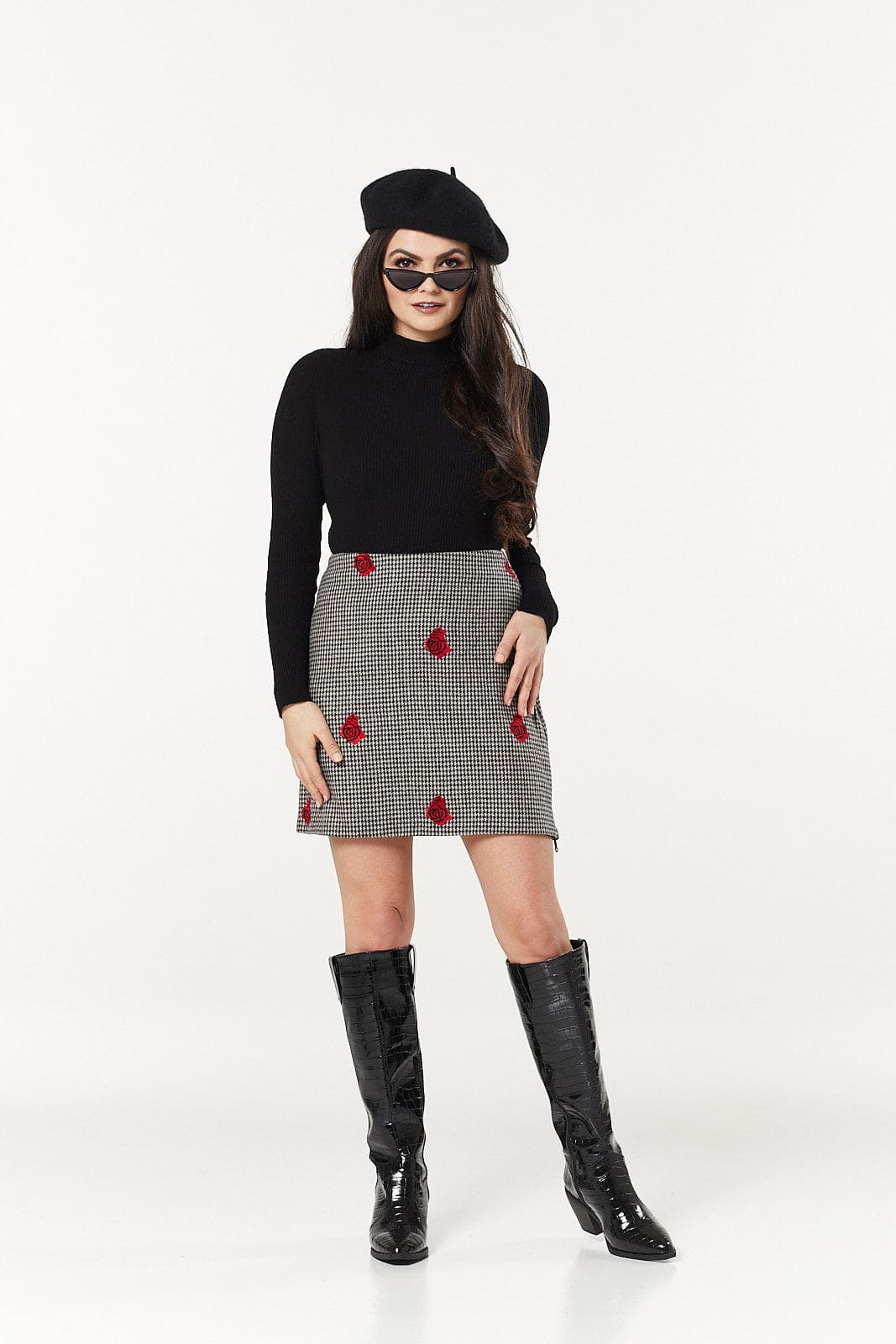 Woollen Priya Mini Houndstooth Skirt with embroidery