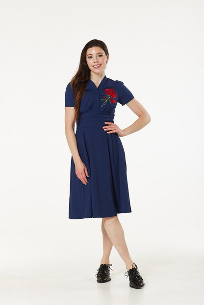 Reema Dress Navy with Rose Embroidery