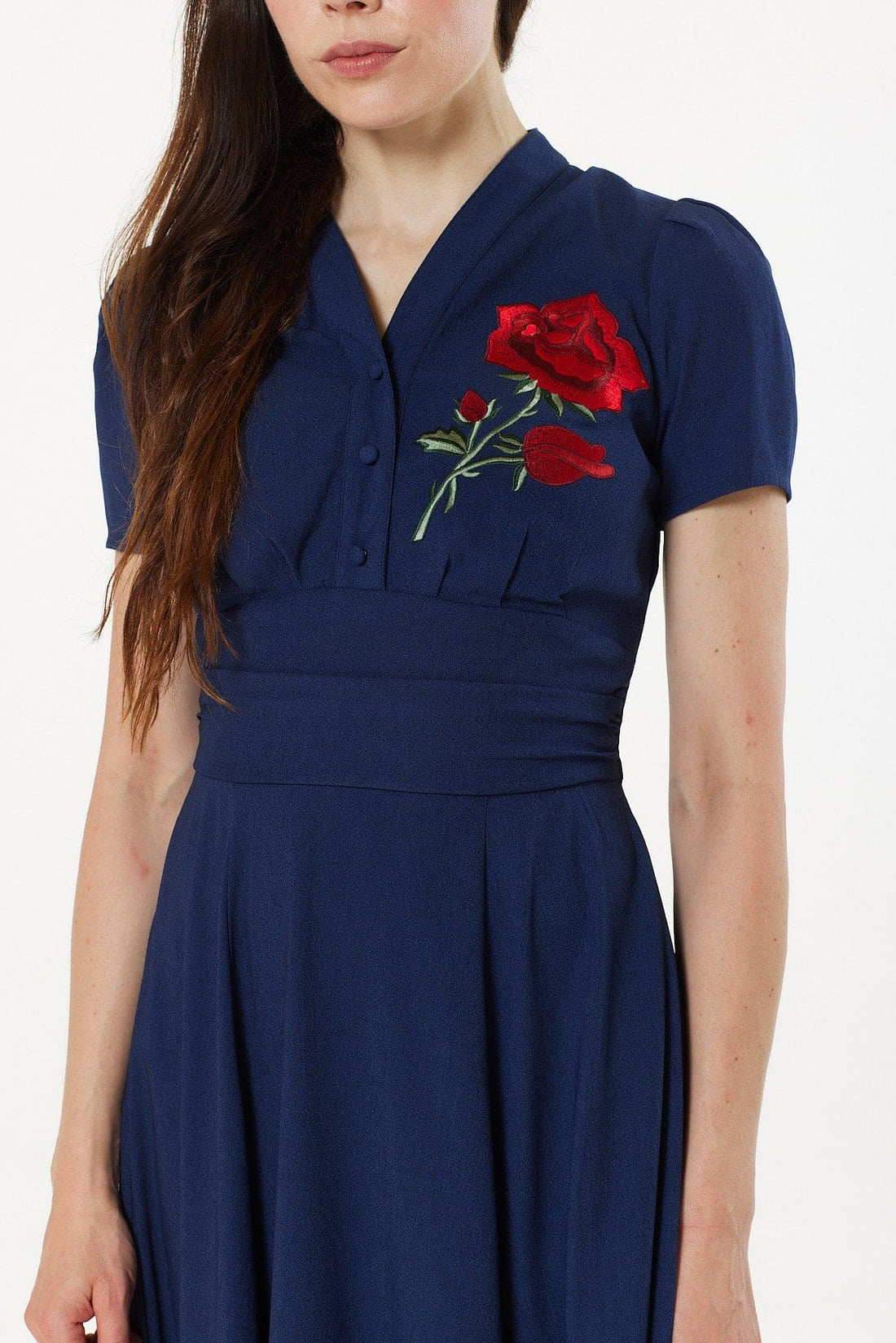 Reema Dress Navy with Rose Embroidery