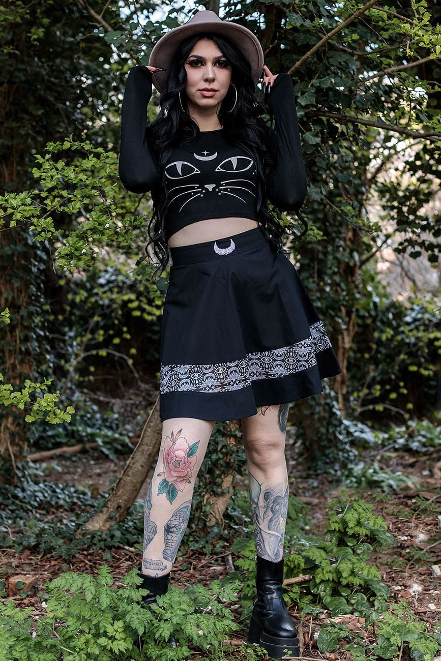 Coven United Batwing Print Short Skater Skirt