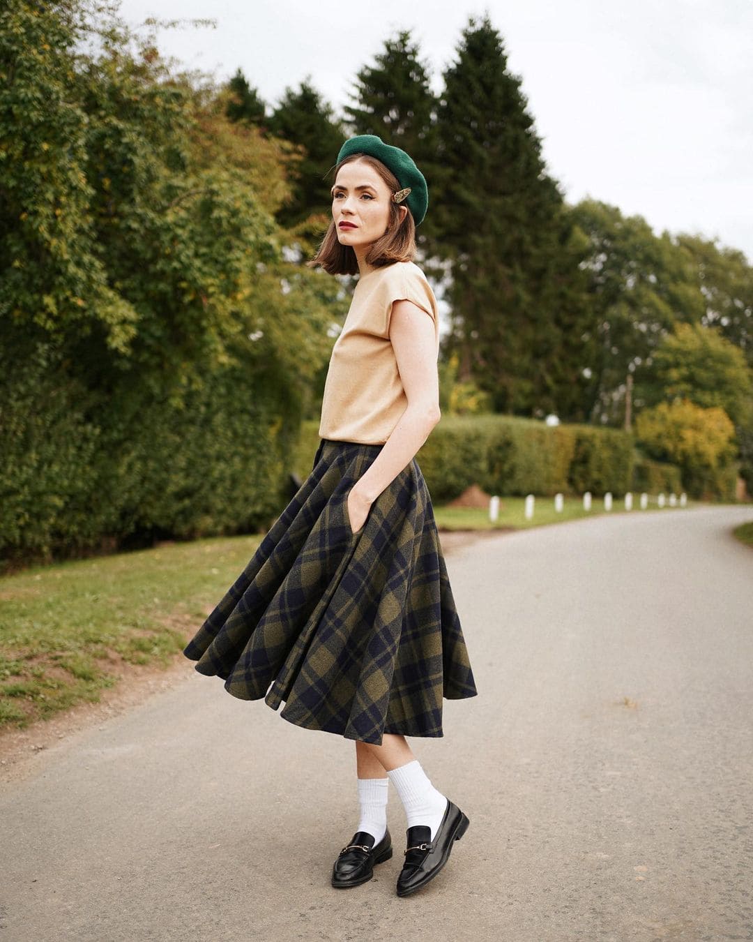 Sophie Sage Green Woollen Check Tartan Midi Swing Skirt