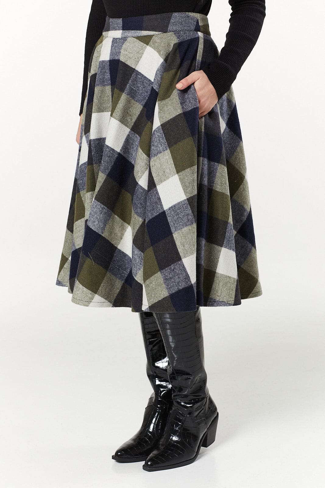 Sophie Navy &amp; Khaki Woollen Check Tartan Midi Swing Skirt