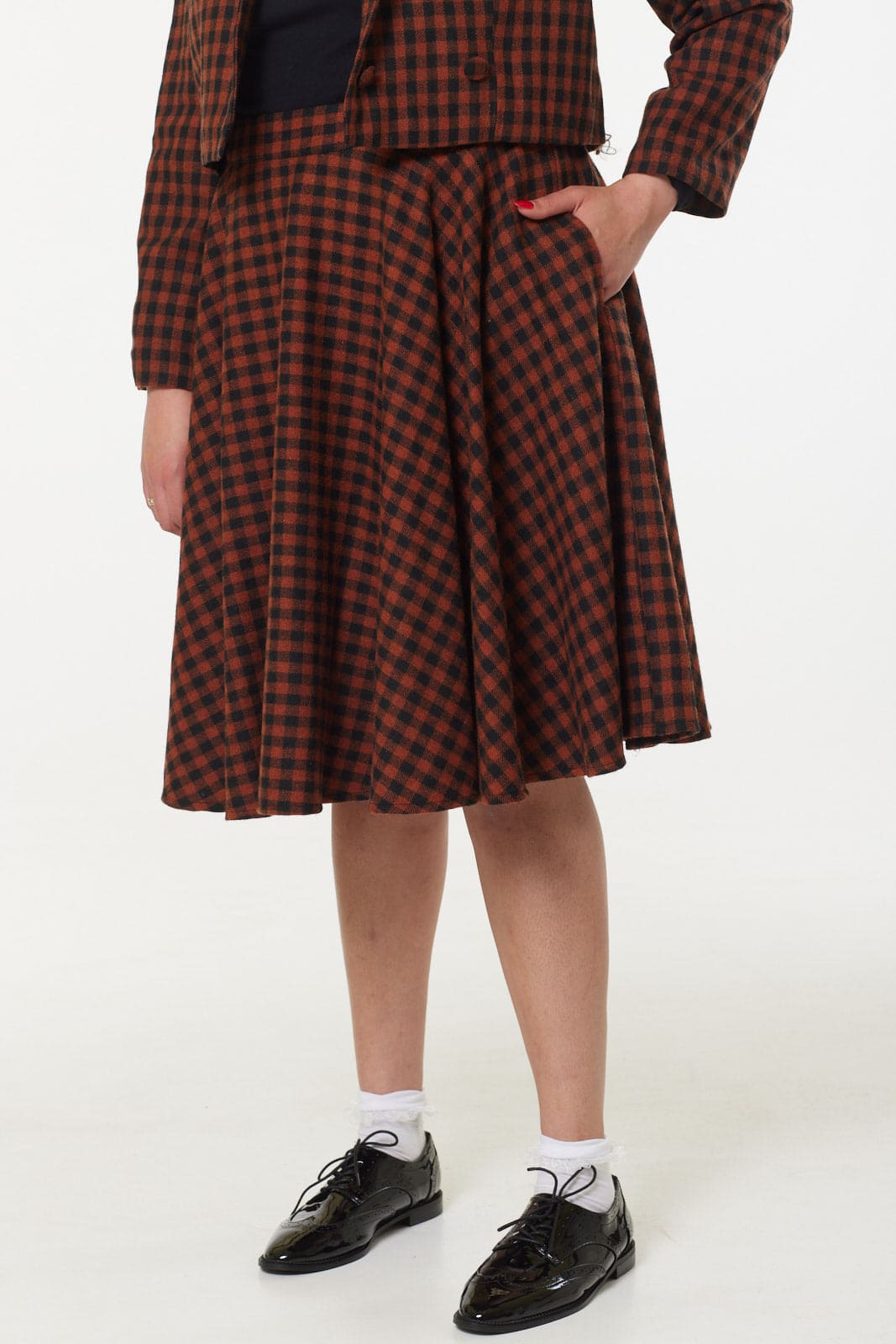 Sophie Copper and Black Check Tartan Midi Swing Skirt