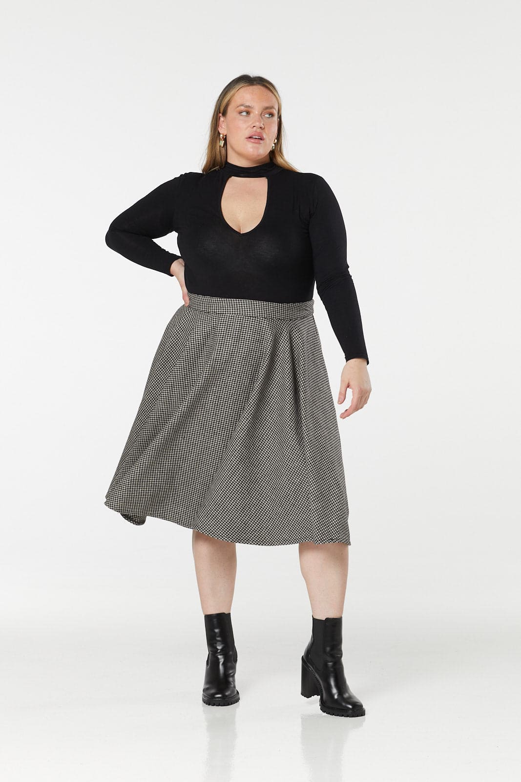 Sophie Houndstooth Woollen Check Tartan Midi Swing Skirt