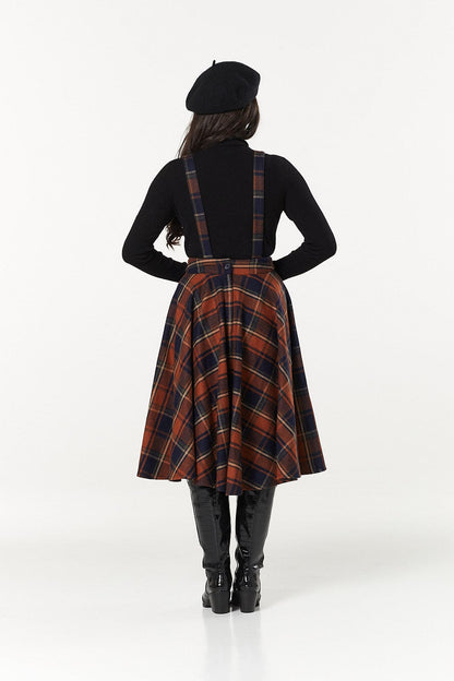 Woollen Swing Skirt Navy and Rust Check wth braces